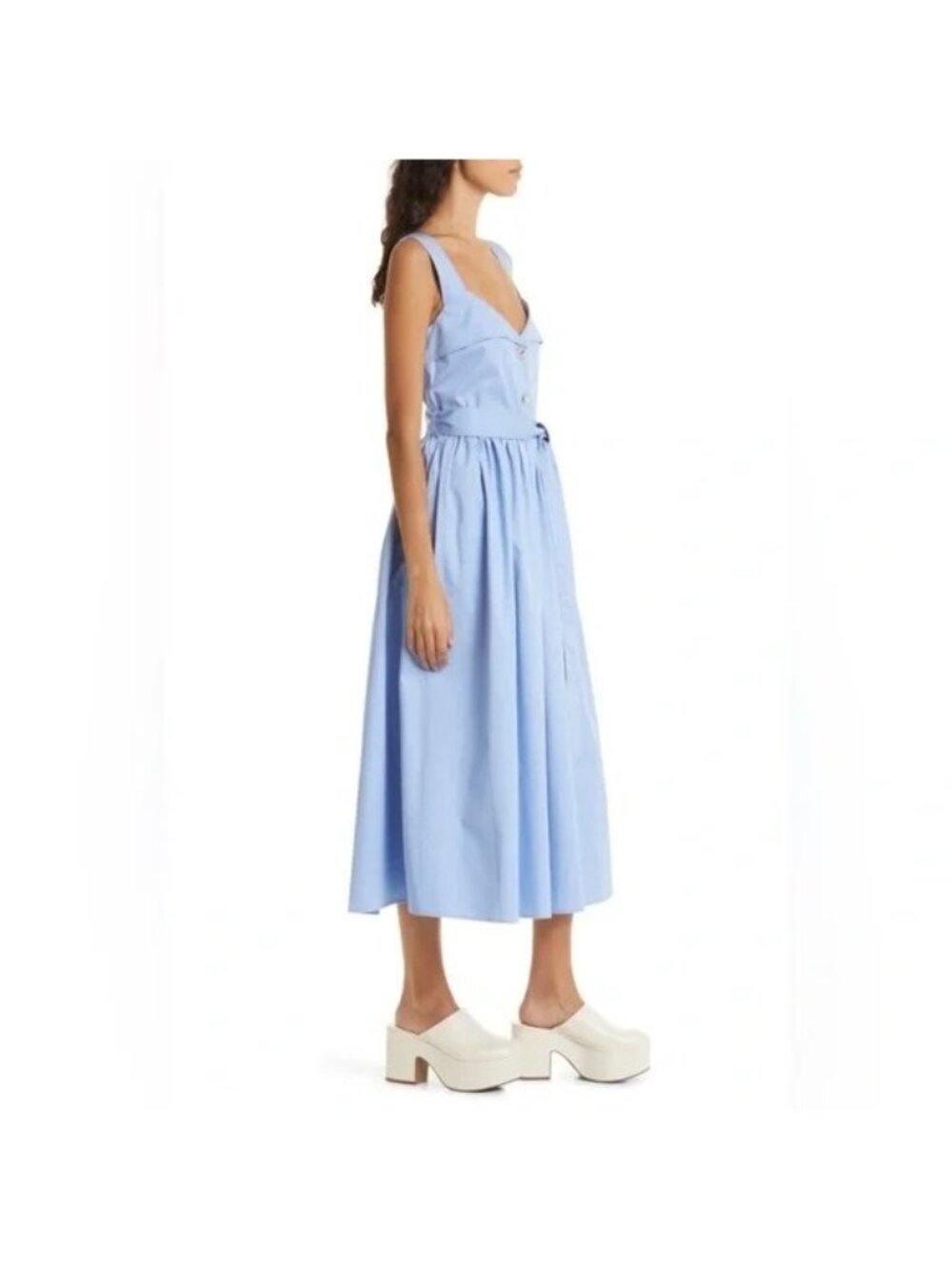 🆕 STINE GOYA Stina Belted Midi Dress Rhinestone Buttons Cotton Blue Medium - Picture 3 of 11